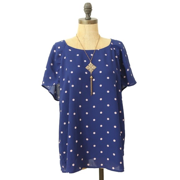 Gibson Nordstrom Top Blouse PXL Short Sleeve Blue Pink Polka Dot NEW B51 - Picture 2 of 5